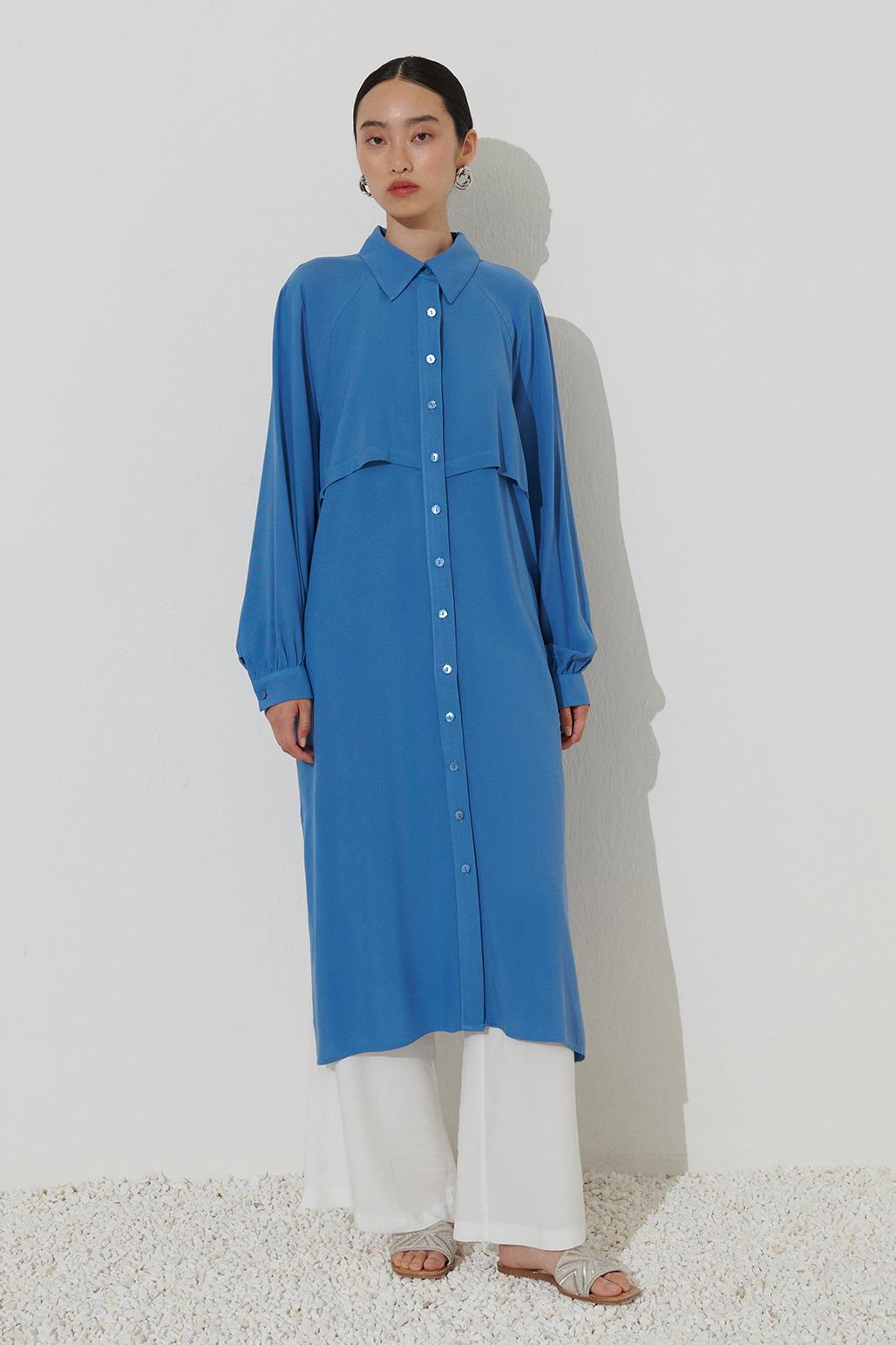 Side Slit Long Shirt Blue