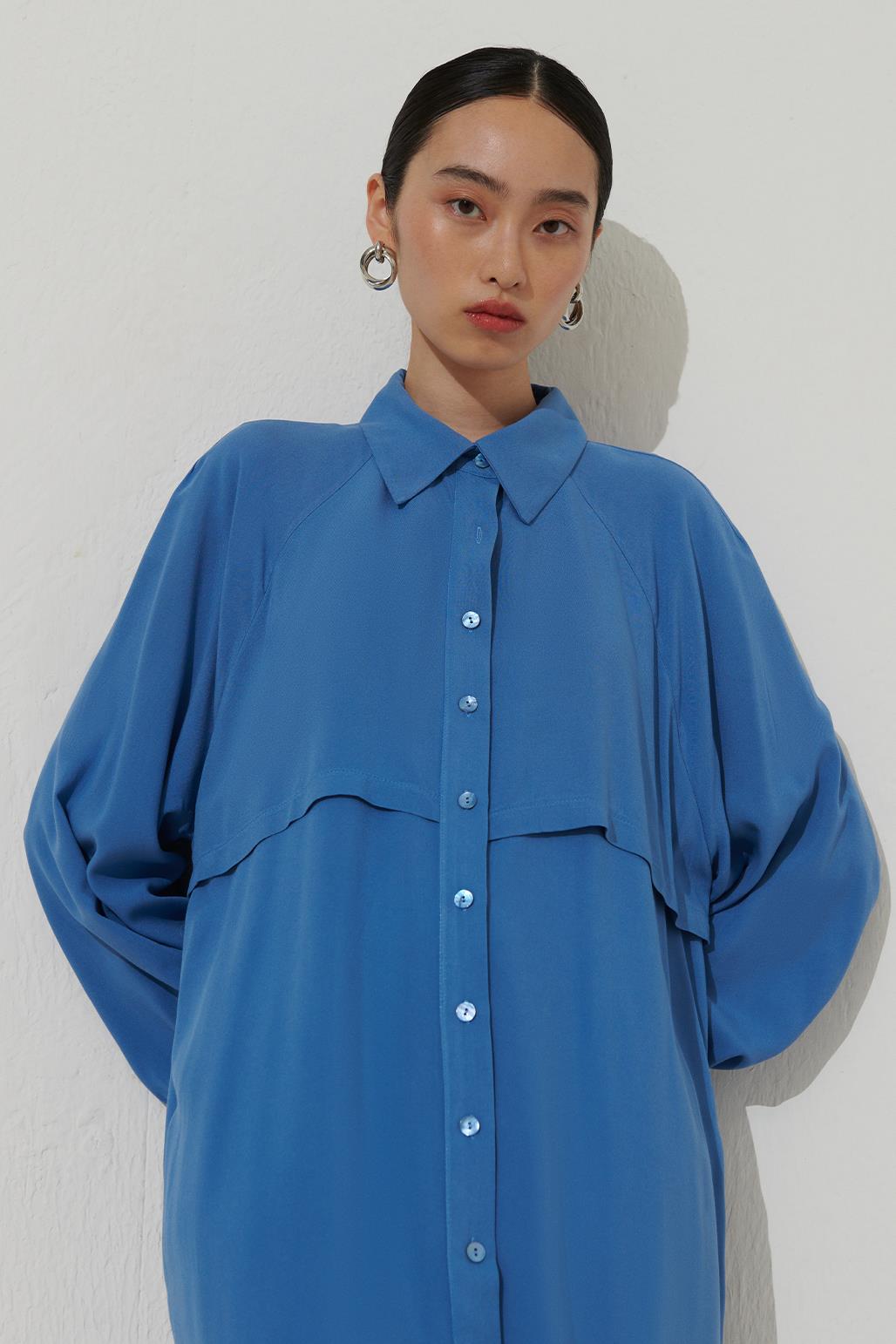 Side Slit Long Shirt Blue