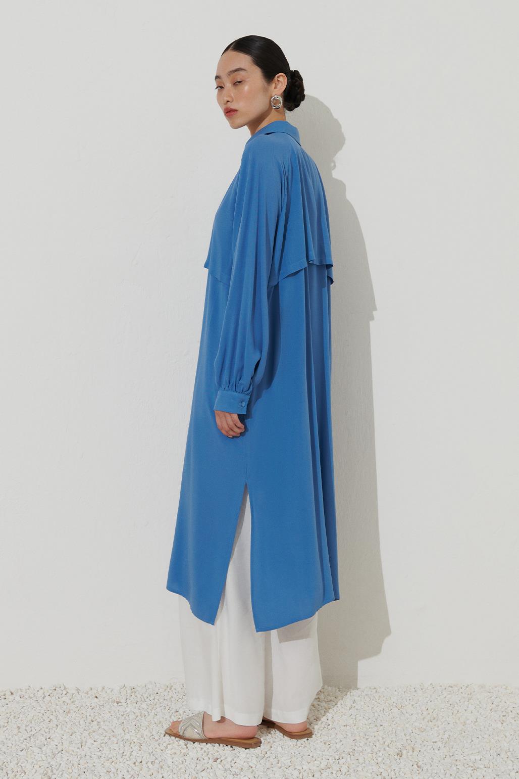 Side Slit Long Shirt Blue