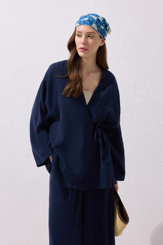 Wrap Modal Shirt and Trousers Set Navy Blue