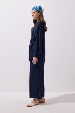 Wrap Modal Shirt and Trousers Set Navy Blue