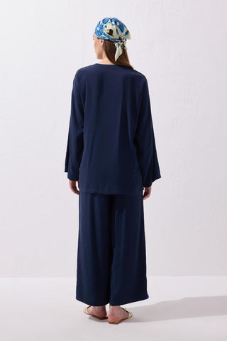 Wrap Modal Shirt and Trousers Set Navy Blue