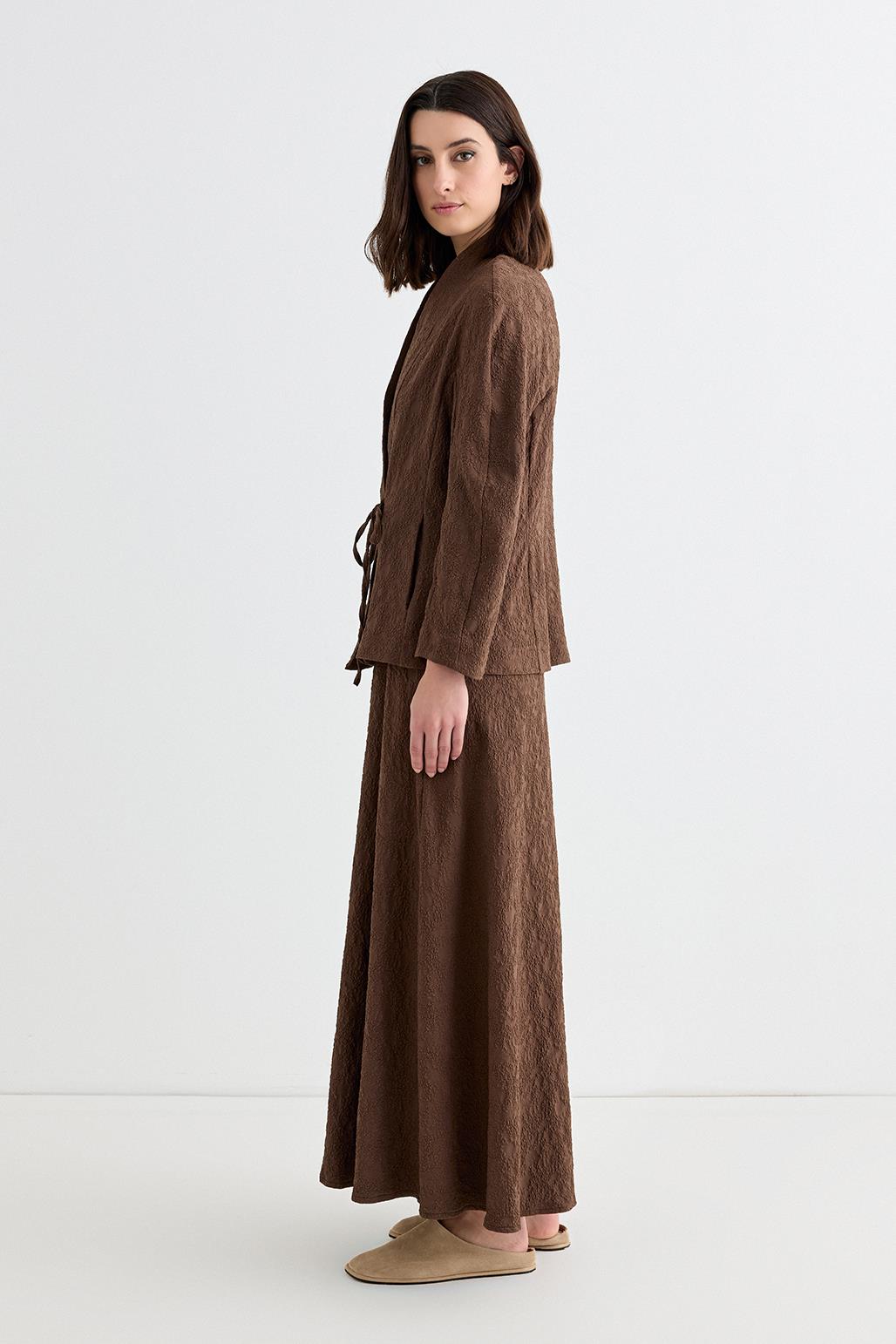 Ari Textured Jacket Skirt Set Brown