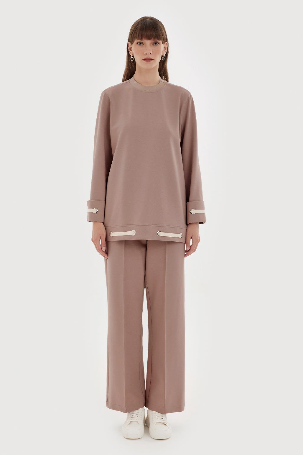 Lace Detailed Tunic and Trousers Set Stone