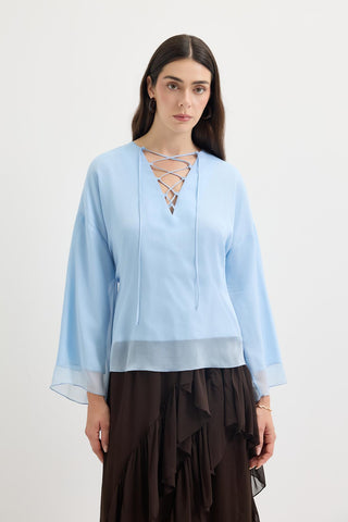Tie-Detail Oversized Tunic Light Blue