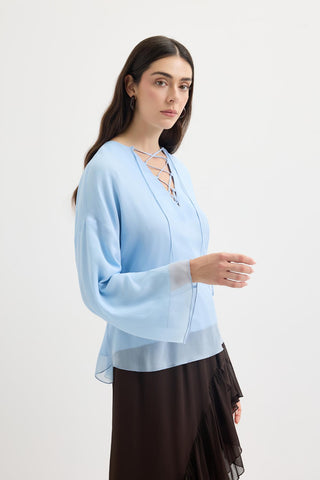 Tie-Detail Oversized Tunic Light Blue