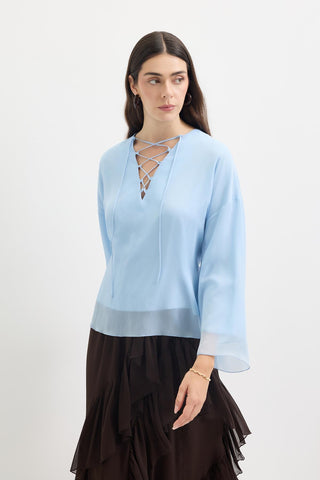 Tie-Detail Oversized Tunic Light Blue