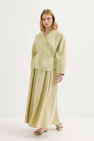 Tie-Waist Kimono & Skirt Set Light Green