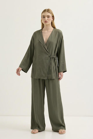 Tie Waist Modal Kimono Trousers Set Khaki
