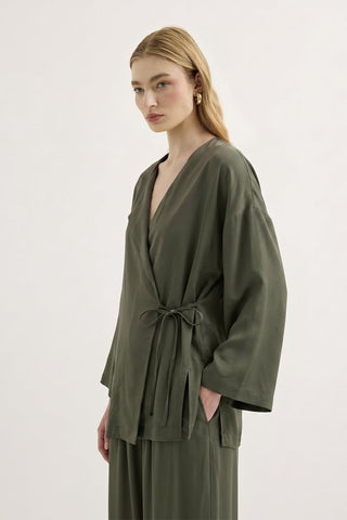 Tie Waist Modal Kimono Trousers Set Khaki