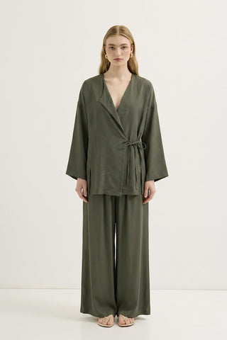 Tie Waist Modal Kimono Trousers Set Khaki