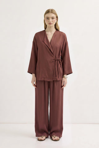 Tie Waist Modal Kimono Trousers Set Coral