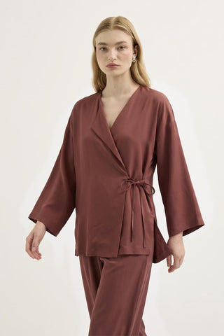 Tie Waist Modal Kimono Trousers Set Coral