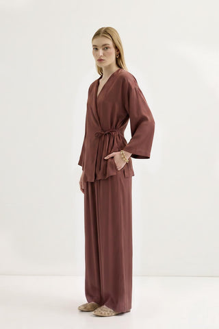 Tie Waist Modal Kimono Trousers Set Coral