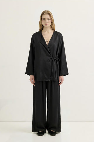 Tie Waist Modal Kimono Trousers Set Black