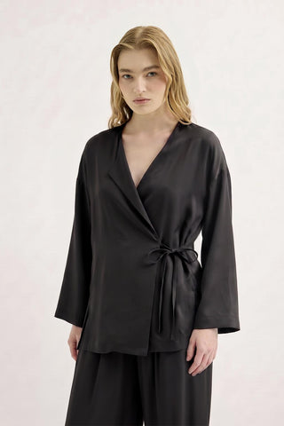 Tie Waist Modal Kimono Trousers Set Black