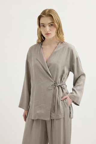 Tie Waist Modal Kimono Trousers Set Stone