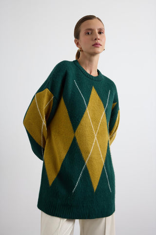 Diamond Pattern Knit Sweater Dark Green