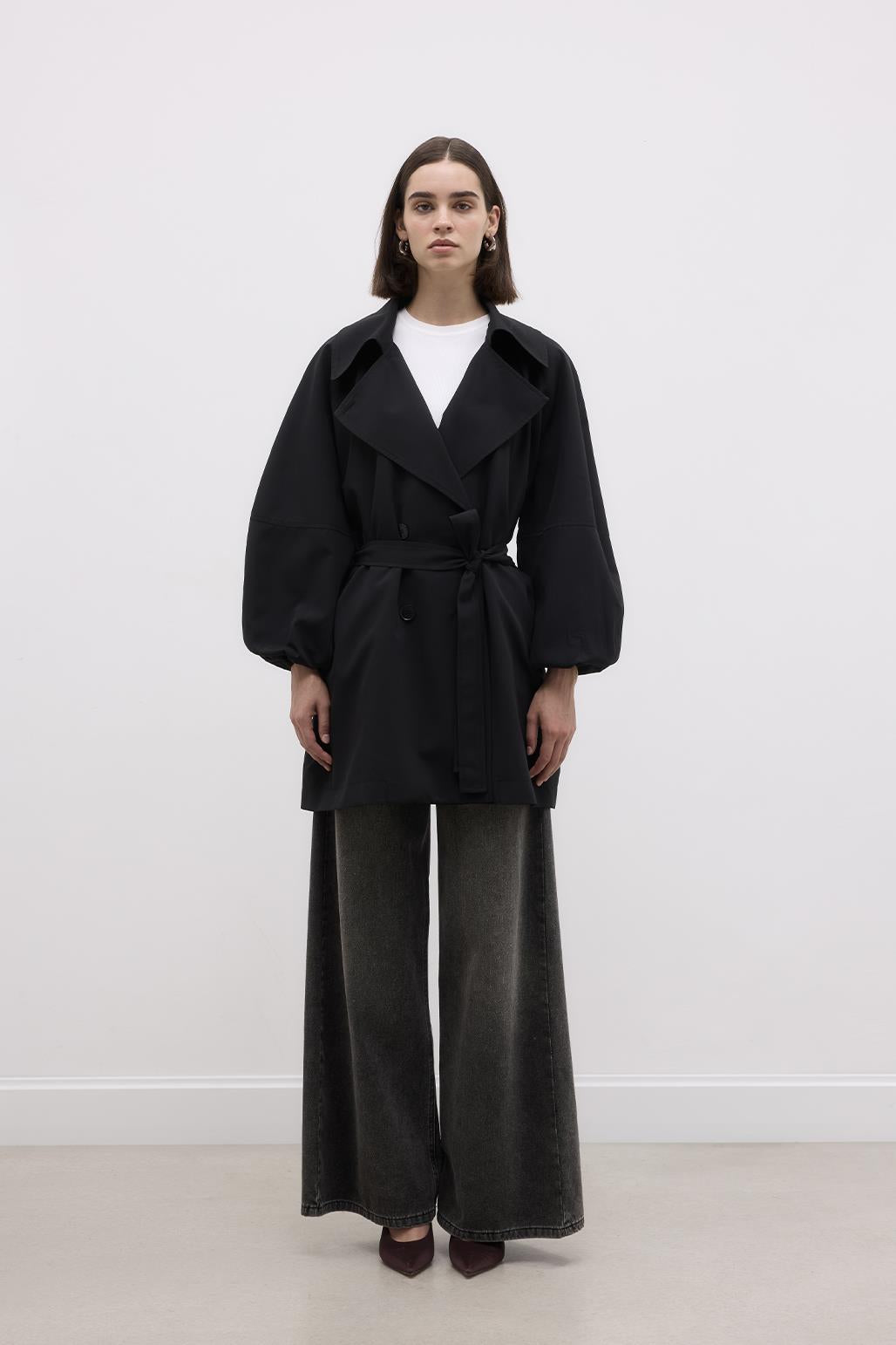 Balloon Sleeve Wide Collar Trench Coat Black