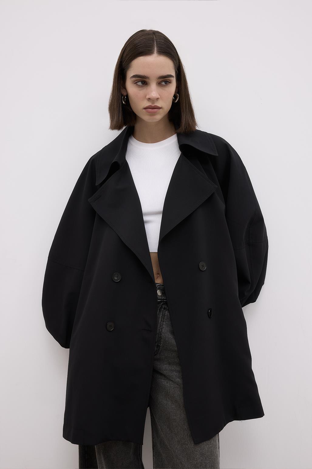 Balloon Sleeve Wide Collar Trench Coat Black