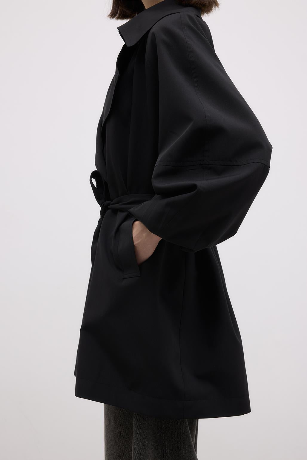 Balloon Sleeve Wide Collar Trench Coat Black