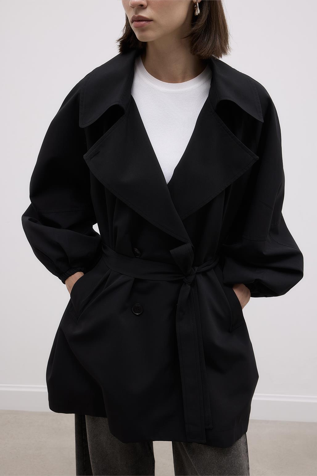 Balloon Sleeve Wide Collar Trench Coat Black