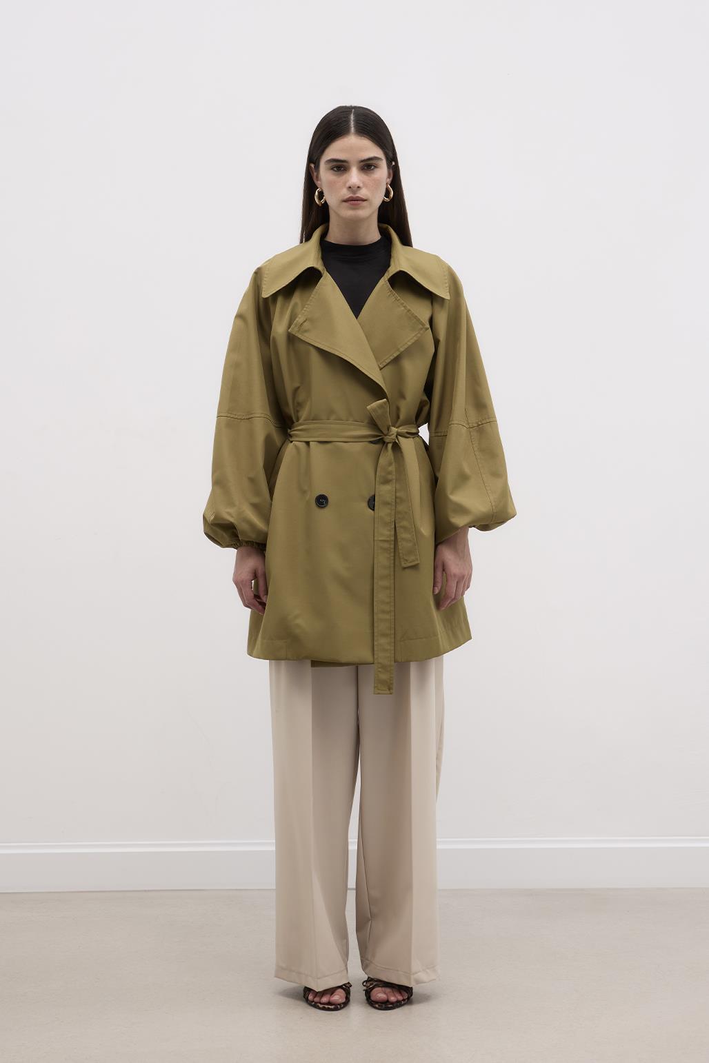 Balloon Sleeve Wide Collar Trench Coat Green