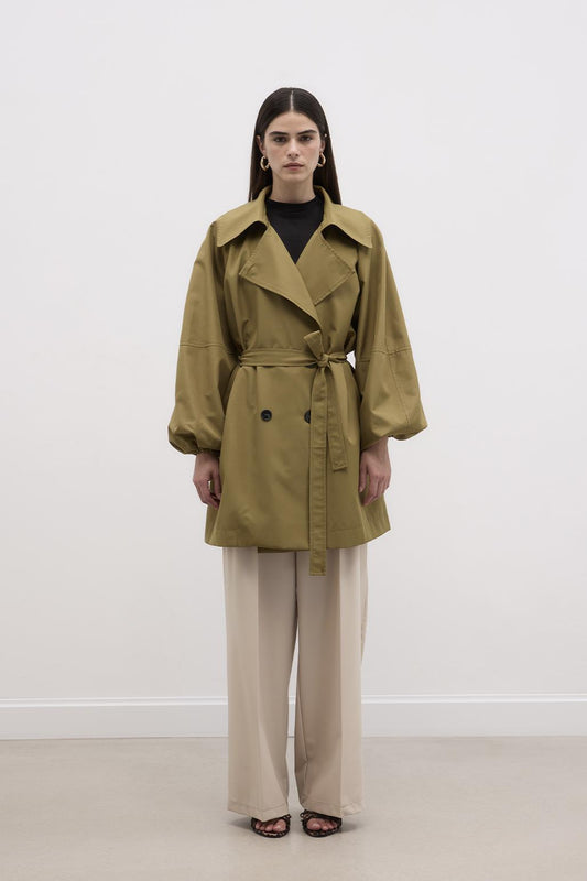 Balloon Sleeve Wide Collar Trench Coat Green