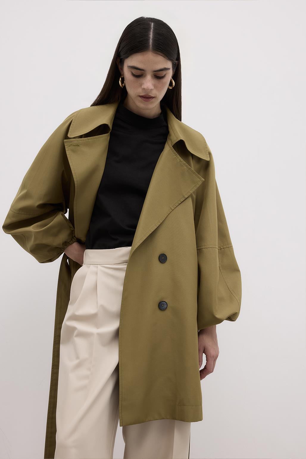 Balloon Sleeve Wide Collar Trench Coat Green