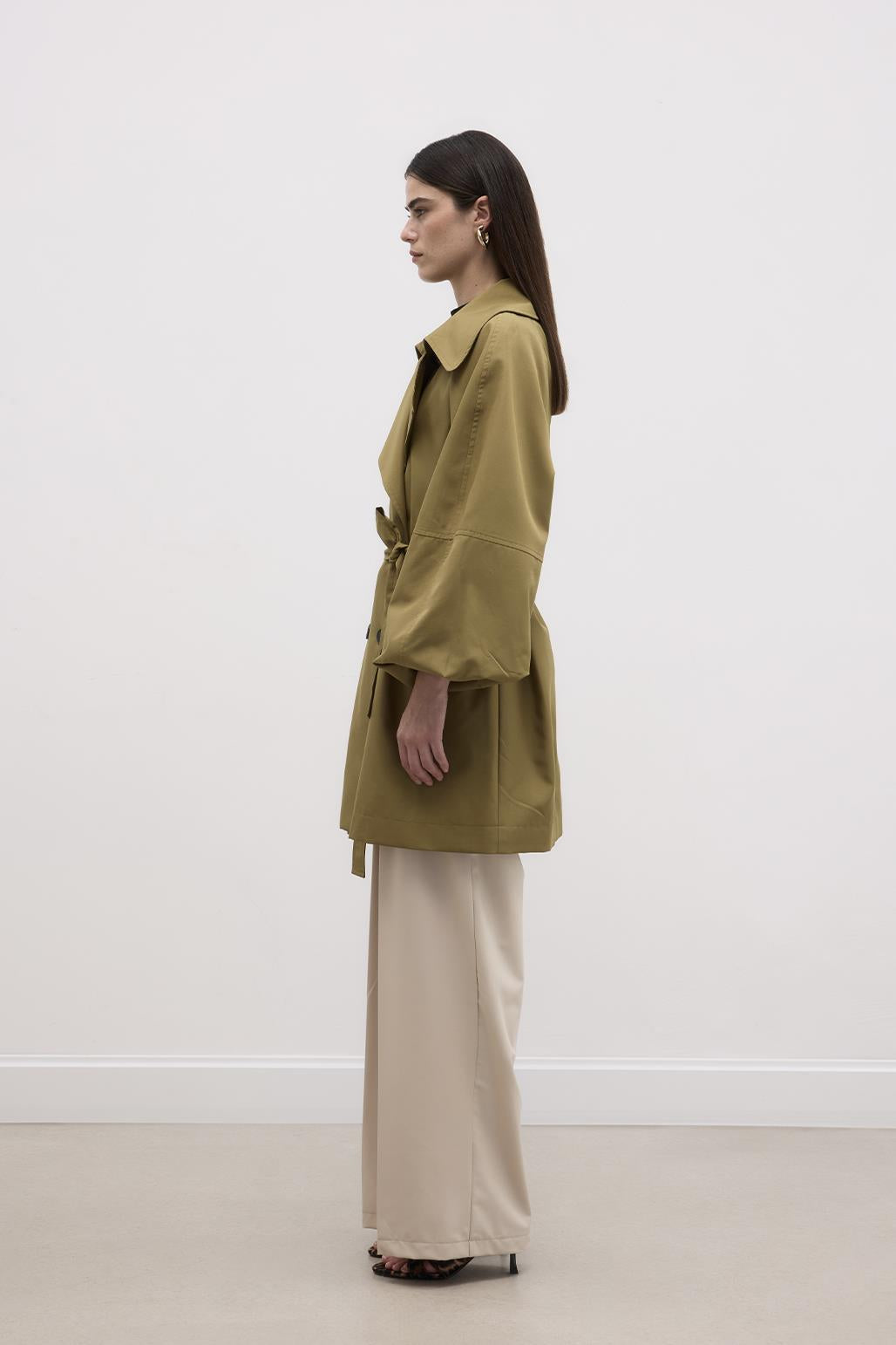 Balloon Sleeve Wide Collar Trench Coat Green