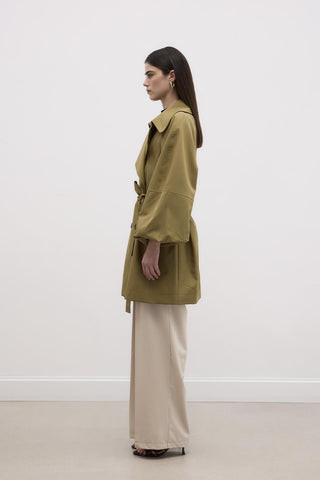 Balloon Sleeve Wide Collar Trench Coat Green