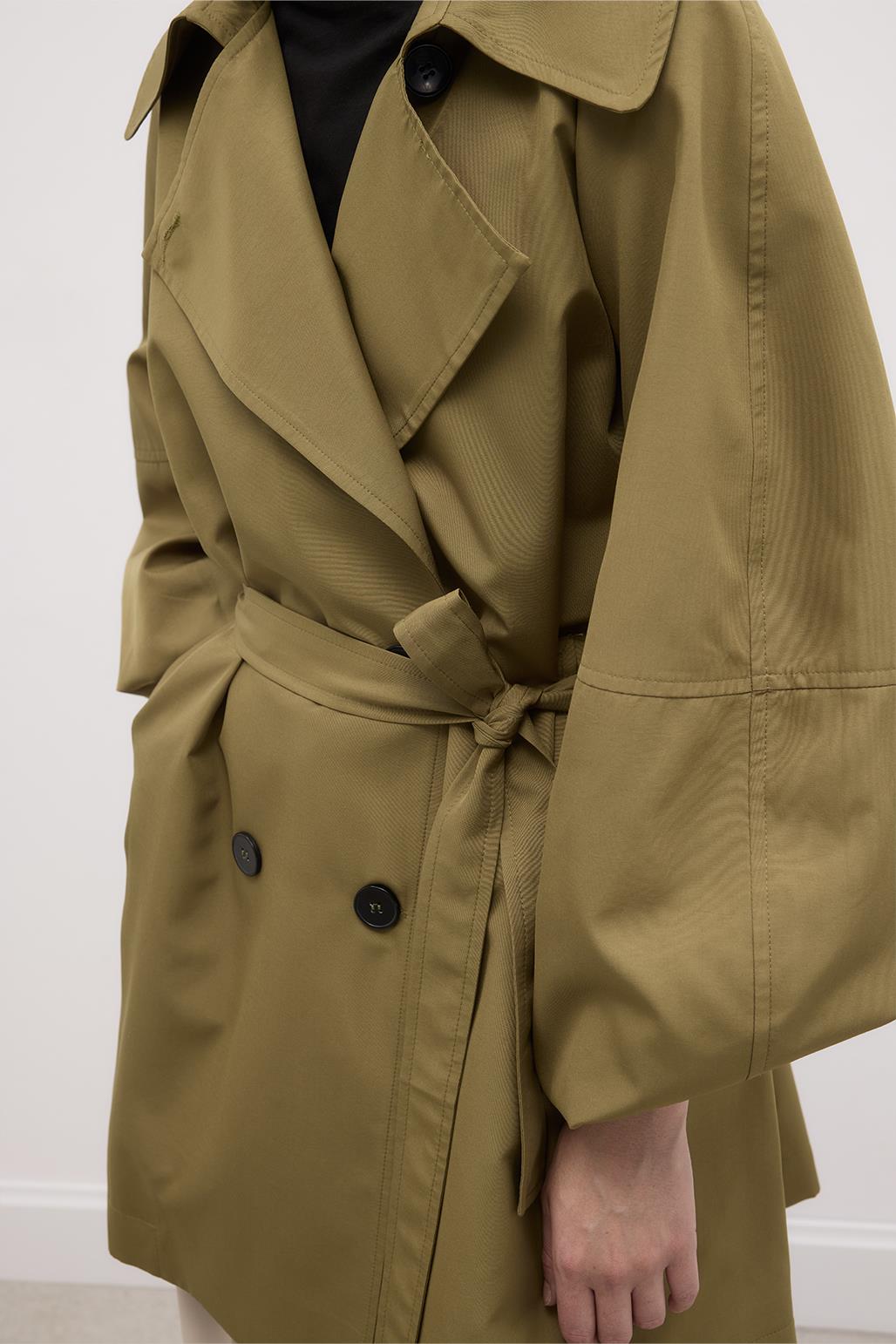 Balloon Sleeve Wide Collar Trench Coat Green