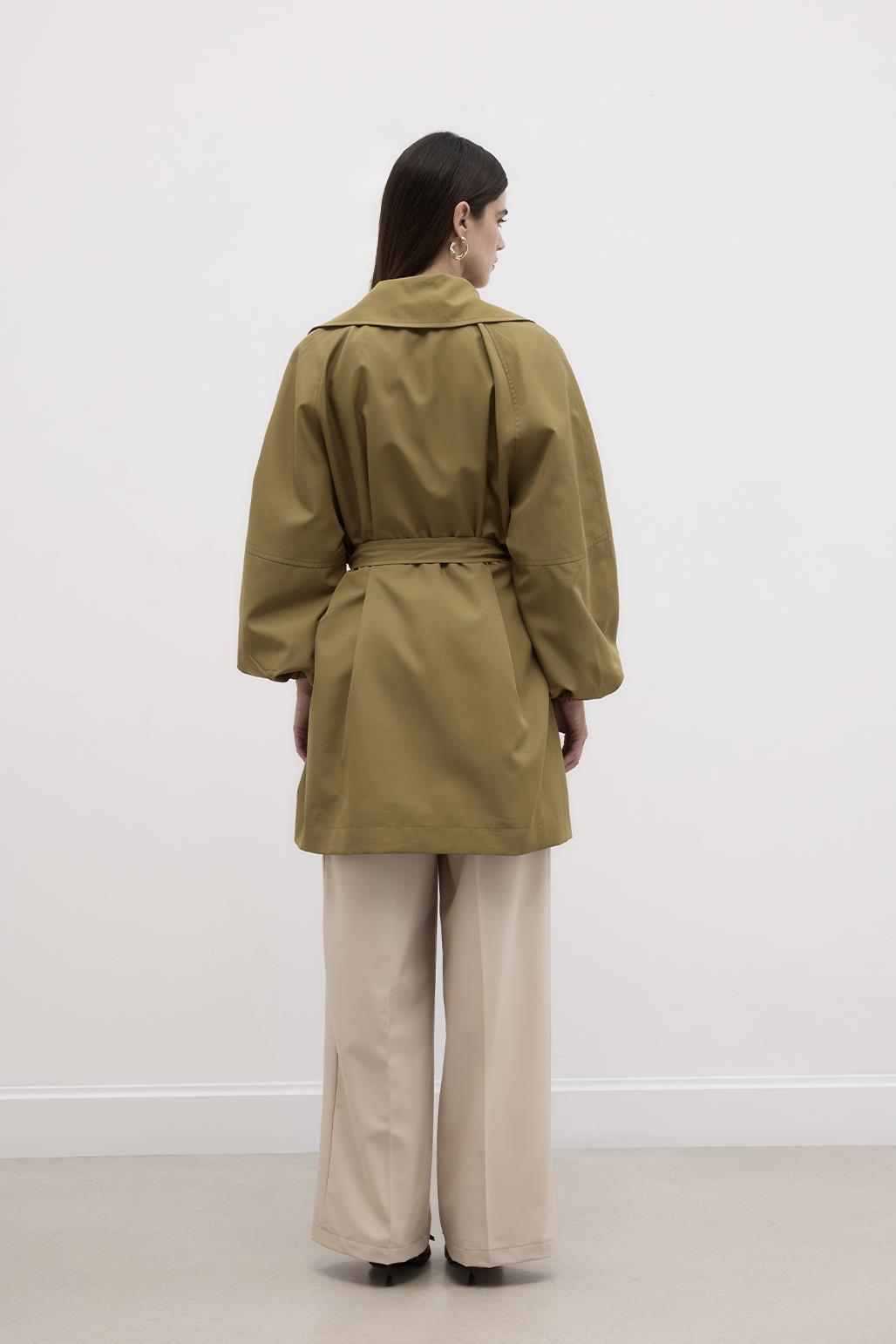 Balloon Sleeve Wide Collar Trench Coat Green