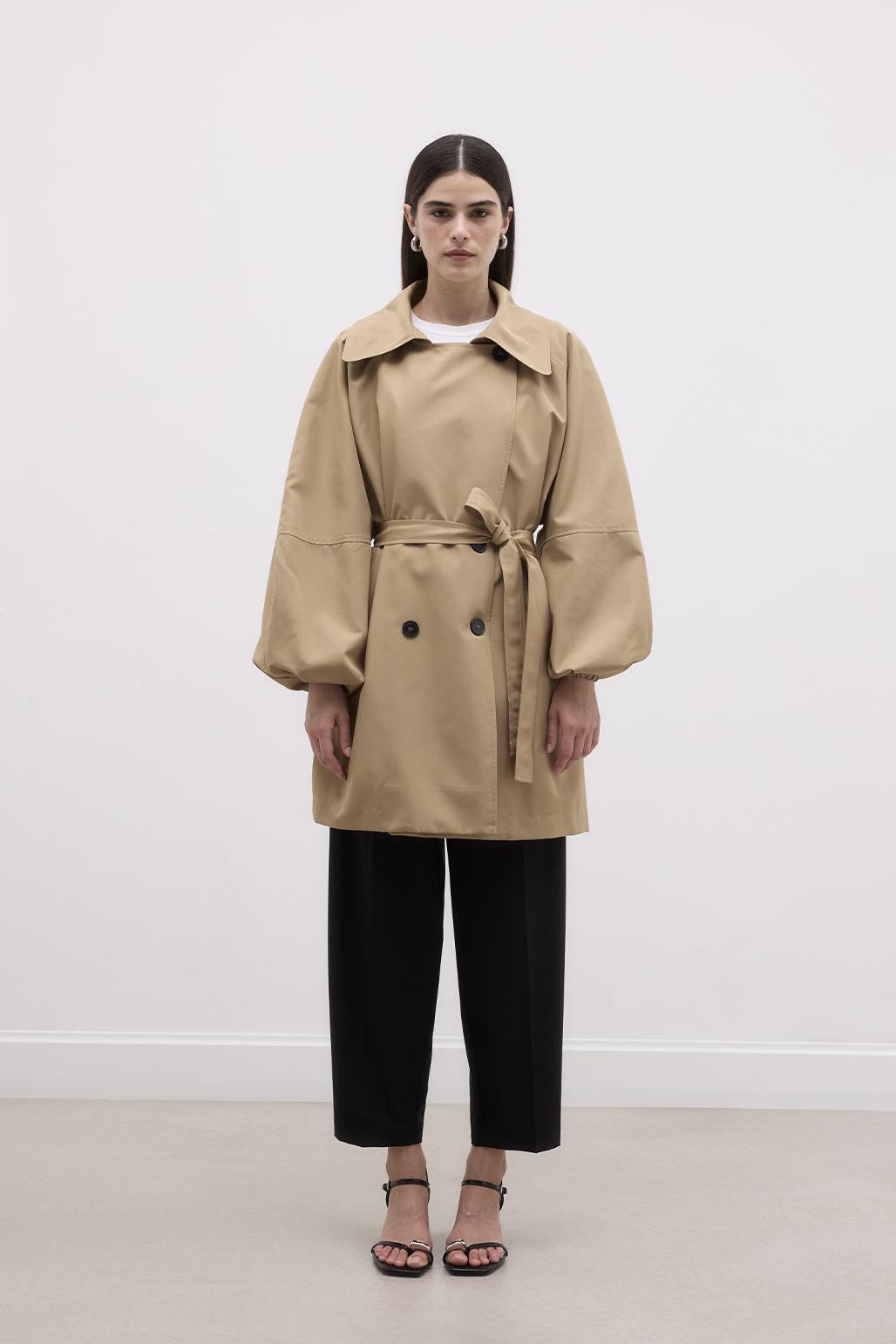 Balloon Sleeve Wide Collar Trench Coat Walnut