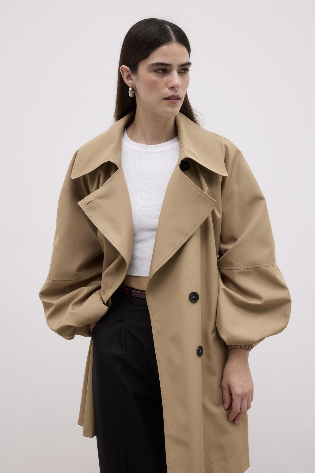 Balloon Sleeve Wide Collar Trench Coat Walnut