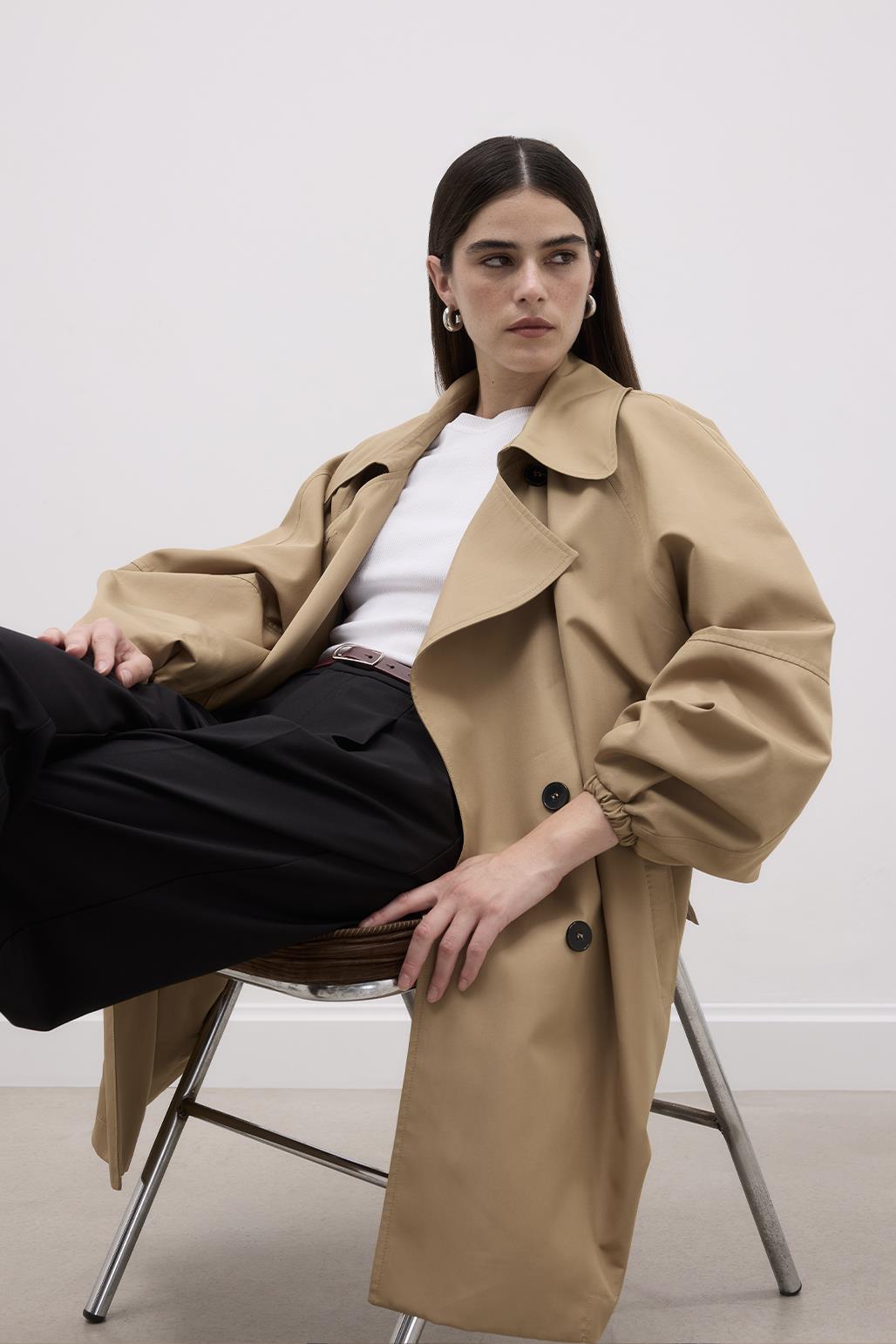 Balloon Sleeve Wide Collar Trench Coat Walnut