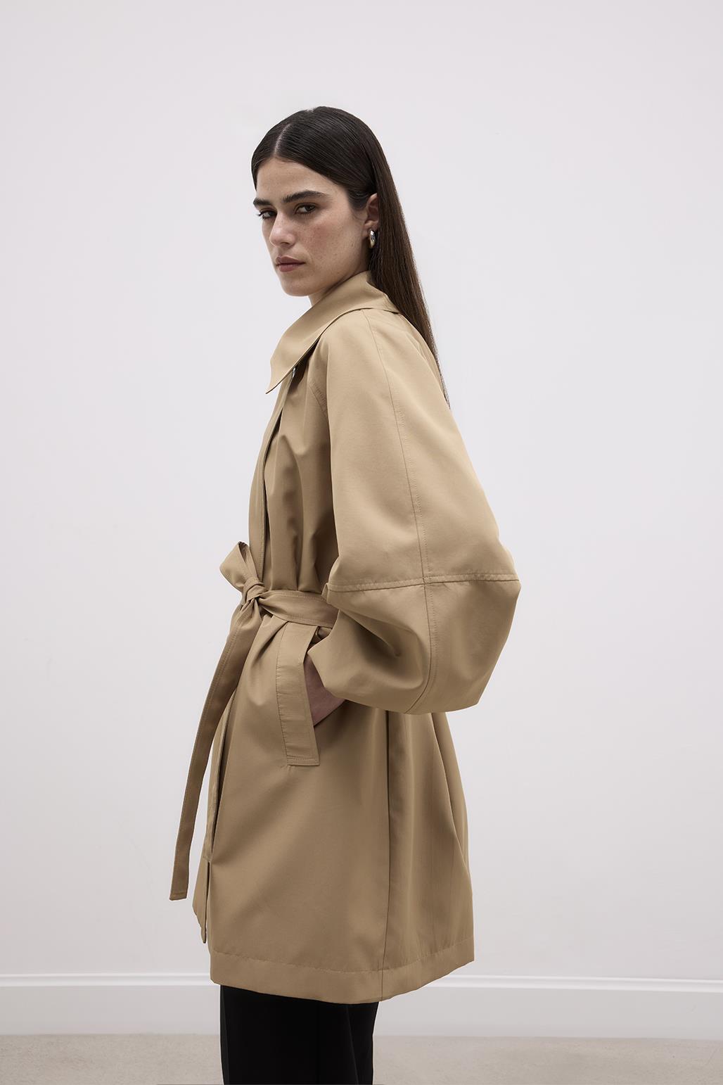 Balloon Sleeve Wide Collar Trench Coat Walnut