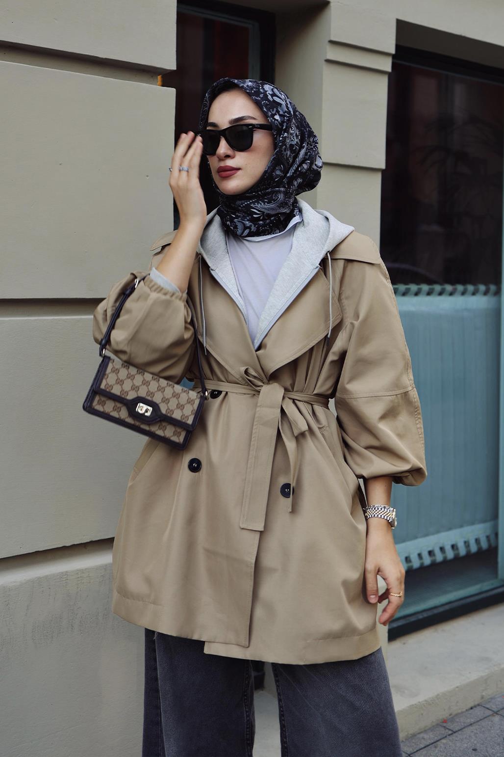 Balloon Sleeve Wide Collar Trench Coat Walnut