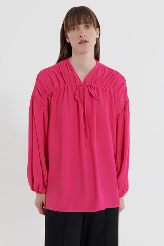 Front Tie Balloon Sleeve Shirt Fuchsia