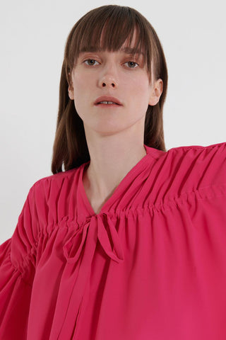 Front Tie Balloon Sleeve Shirt Fuchsia