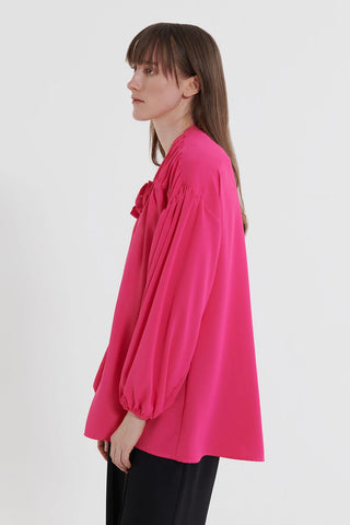 Front Tie Balloon Sleeve Shirt Fuchsia