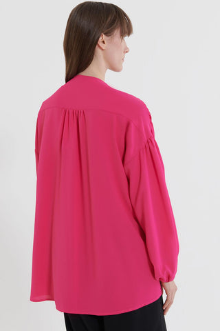 Front Tie Balloon Sleeve Shirt Fuchsia