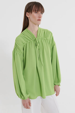 Front Tie Balloon Sleeve Shirt Lime