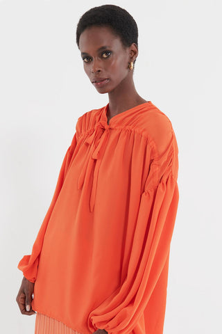 Front Tie Balloon Sleeve Shirt Orange
