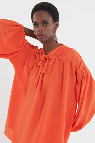 Front Tie Balloon Sleeve Shirt Orange
