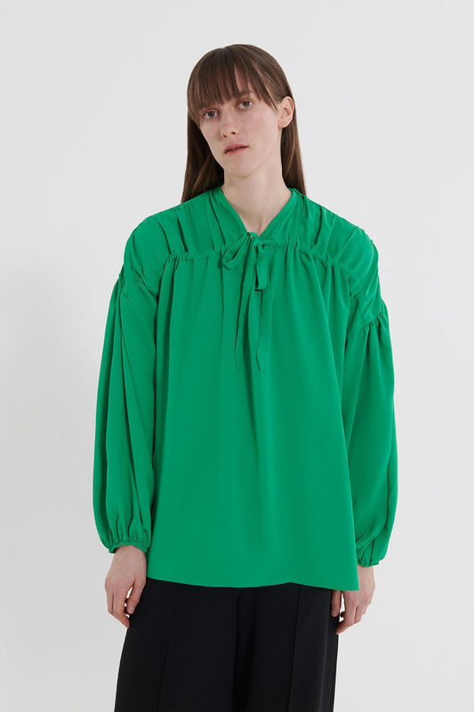 Front Tie Balloon Sleeve Shirt Green