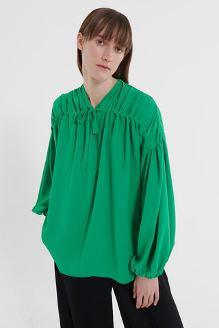Front Tie Balloon Sleeve Shirt Green