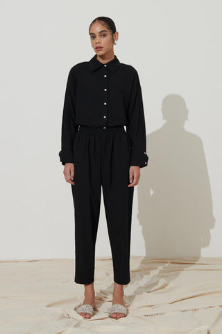 Elastic Waist Seamed Trousers Black