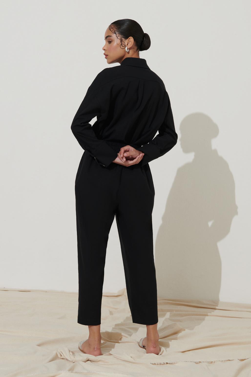 Elastic Waist Seamed Trousers Black