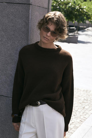 Basic Crew Neck Knit Sweater Brown